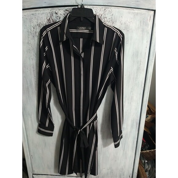 Lauren Ralph Lauren Striped Long Sleeve Collared Button Up Dress 10 Black... - Picture 1 of 9